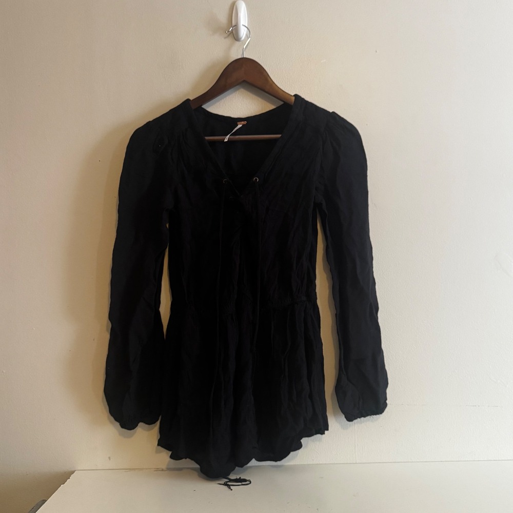 Free People Womens XS Black Lace Long Sleeve V-Neck Indie Whimsigoth Fall Fairy
